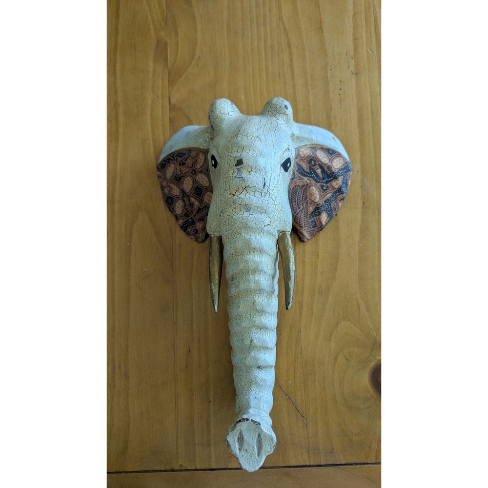 Vintage Hand Carved Wood Elephant Head Wall Decor Batik Ears Indonesia 12"